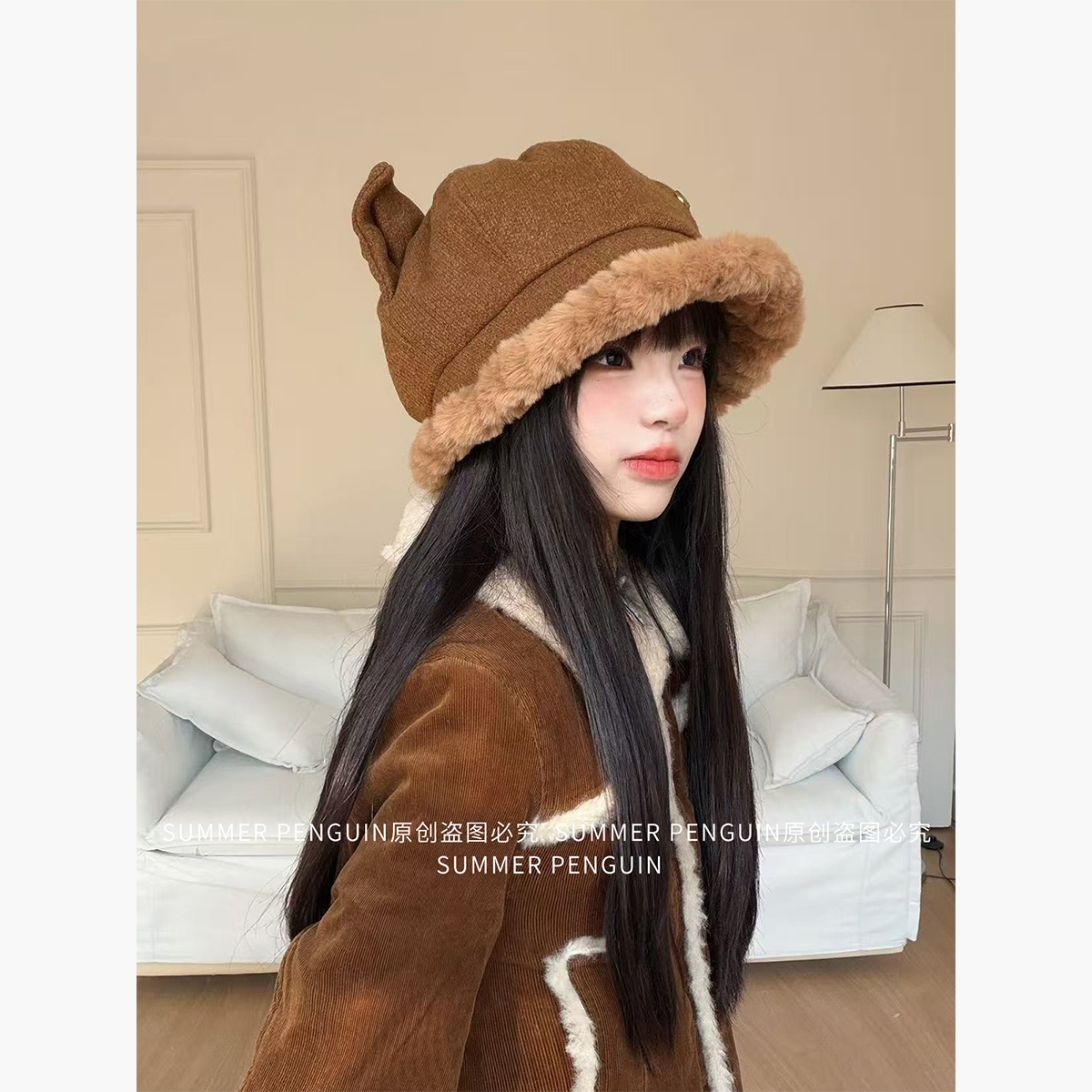 SUMMER PENGUIN日系复古猫耳朵毛绒渔夫帽女冬包头帽显脸小毛帽子
