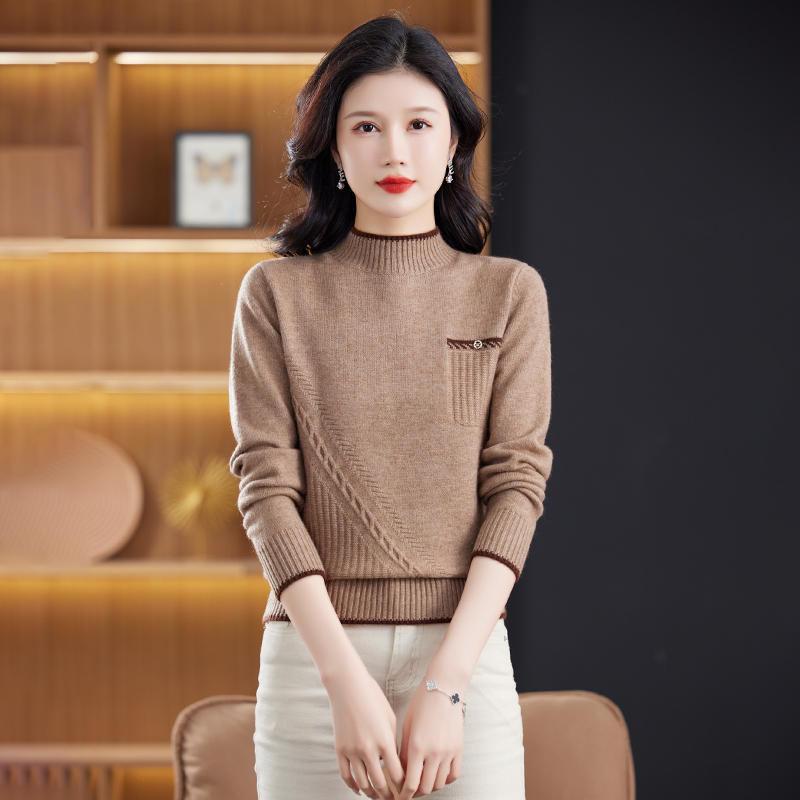 冬季圆领长袖假口袋时尚洋气百搭显瘦加厚针织衫WY9308