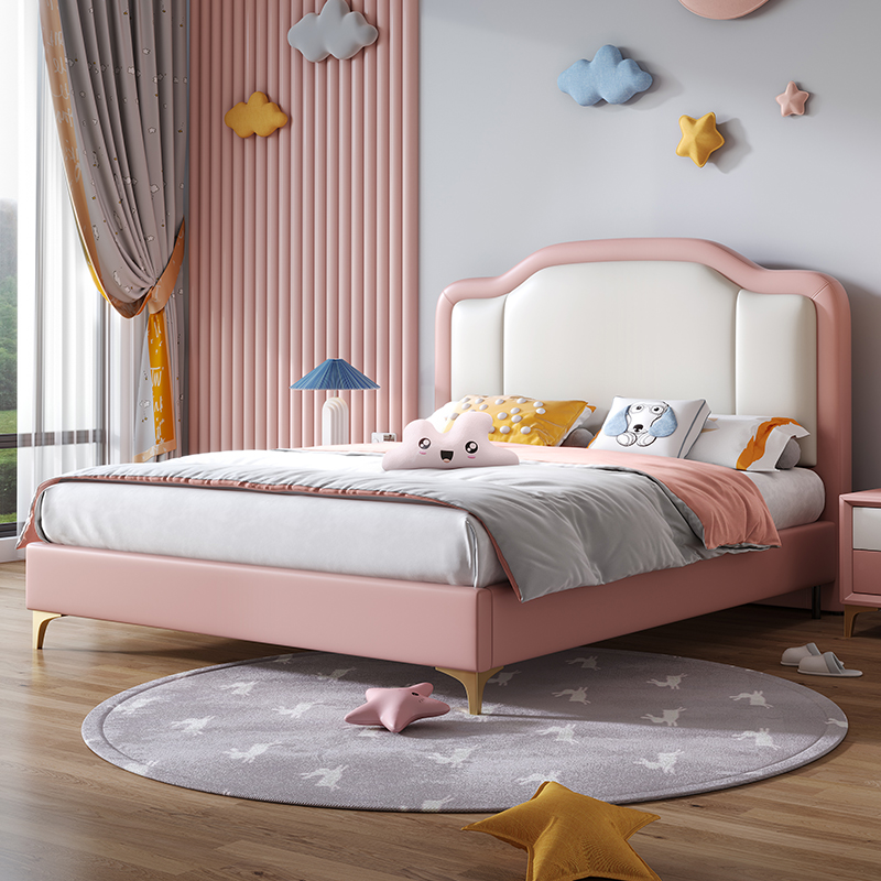 奶油儿童床男孩女孩公主床真皮卡通床加宽学生青少年现代卧室小床