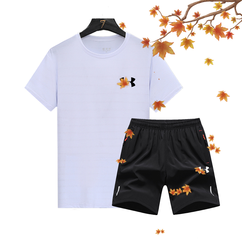 夏季宽松透气运动套装休闲纯色圆领T恤时尚潮流速干短裤男士套装