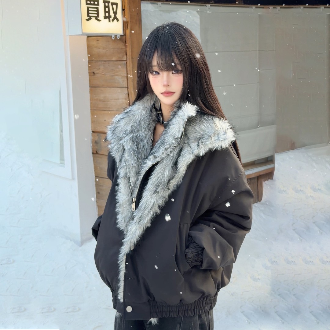 休闲拼接双层假两件翻毛领座山雕夹克外套男女冬季加厚保暖棉衣