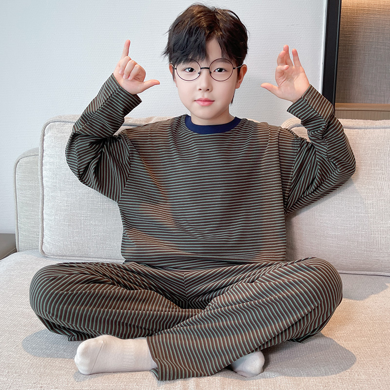 男童长袖睡衣春秋款儿童德绒家居服套装中大童条纹家居服两件套潮