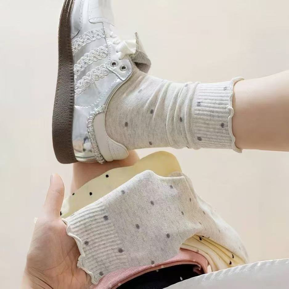 袜子女款中筒耳边秋冬季波点堆堆袜木耳袜子舒适月子花边袜女长袜