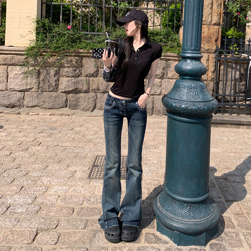 REDR美式深蓝低腰微喇牛仔裤女2025新款水洗辣妹显瘦设计感喇叭裤
