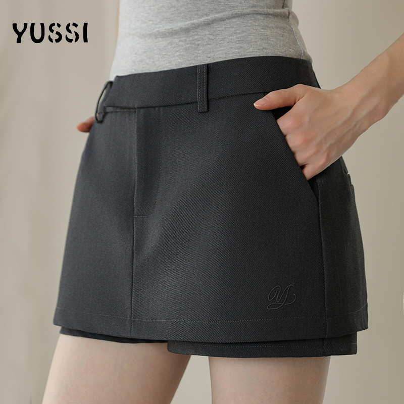 YUSSI气质西装假两件半身裙女春季百搭修身绣花高腰裤裙短裙