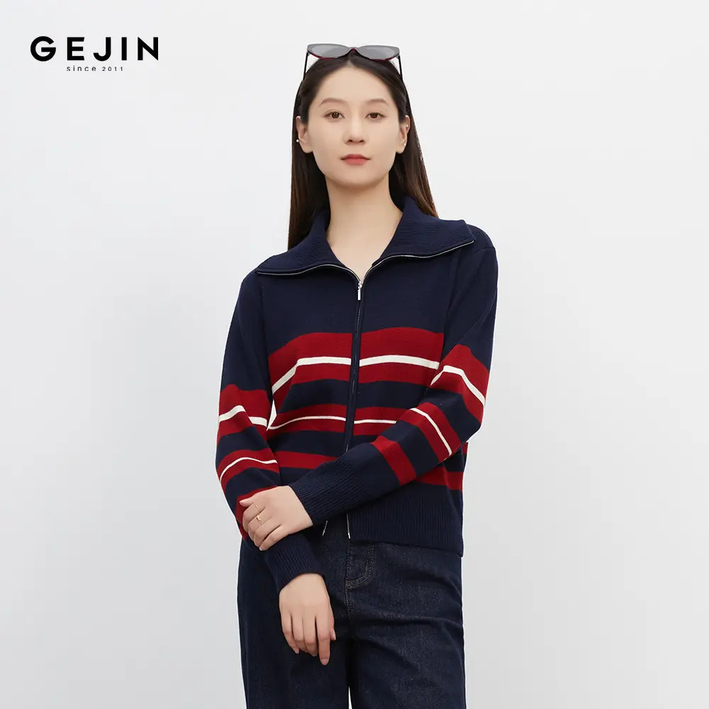 GEJIN/歌锦秋季新款翻领撞色条纹休闲时尚复古针织上衣9422562453