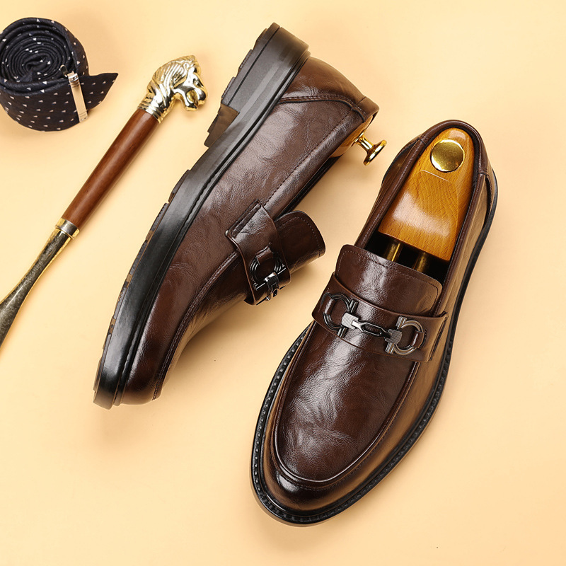 男士皮鞋新款潮流时尚真皮皮鞋防滑耐磨懒人一脚蹬豆豆休闲皮鞋