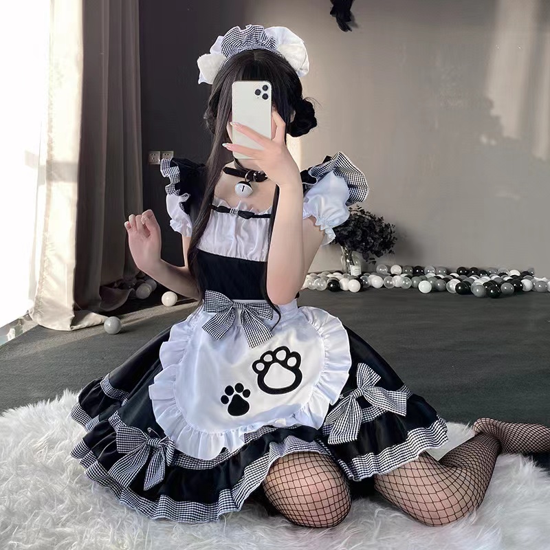 【性感睡裙纯欲风】小野猫猫女仆COS公主少女萝莉连衣裙黑白