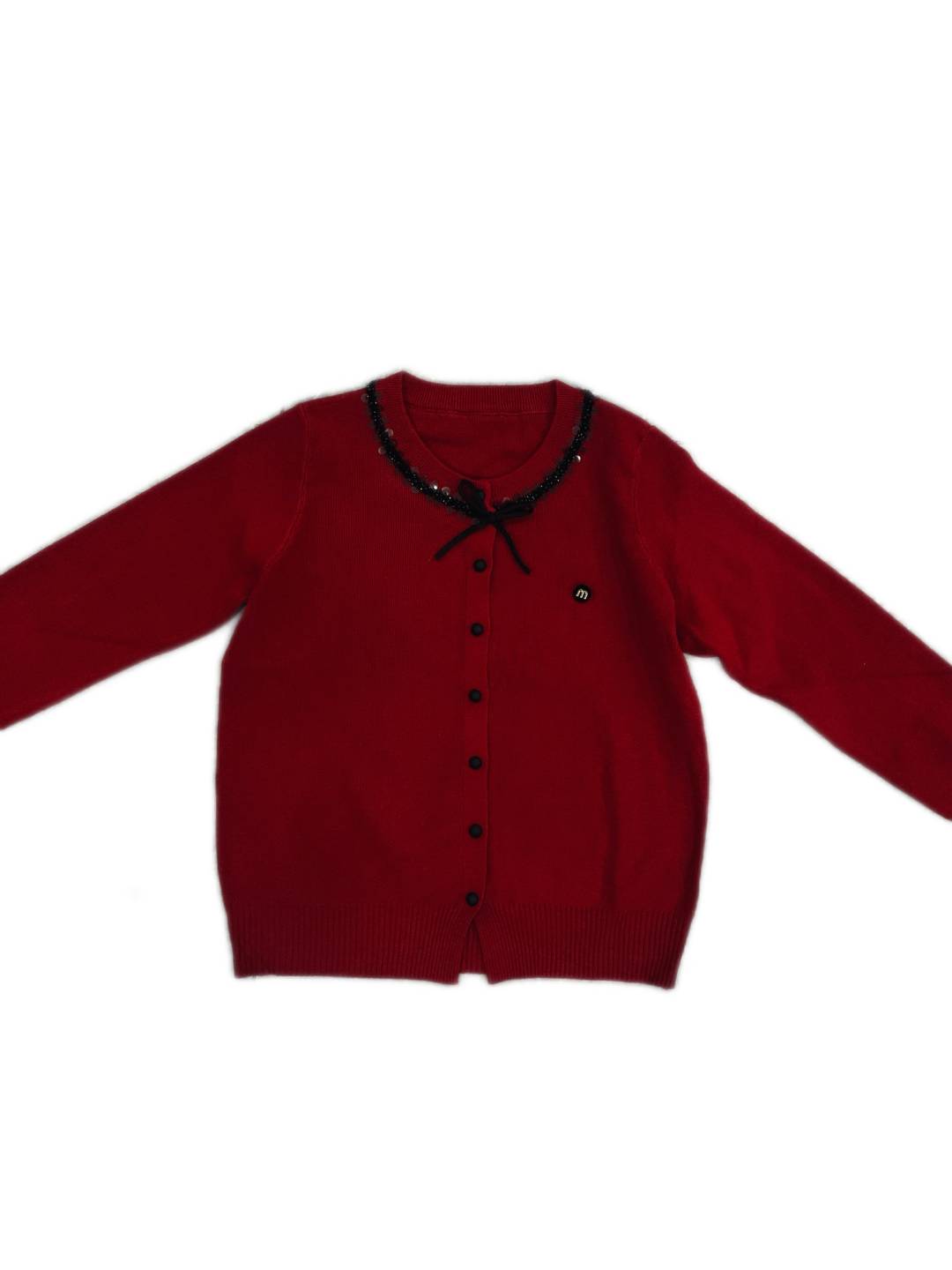 左m蝴蝶结针织开衫钉珠亮片花边圆领长袖针织开衫女25冬新开衫