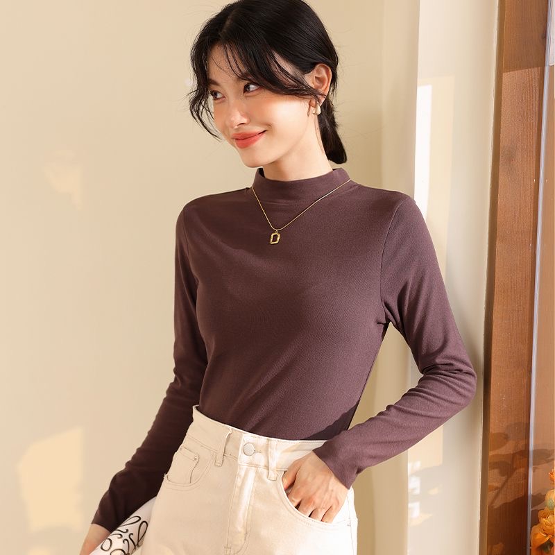 半高领双面磨毛打底衫女秋冬新款内搭显瘦中领加绒加厚保暖上衣
