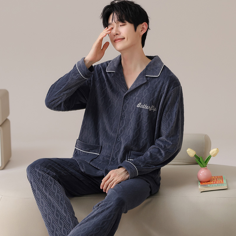 YIHAN-海岛绒新款睡衣男双面加绒加厚保暖长袖冬天休闲家居服套装