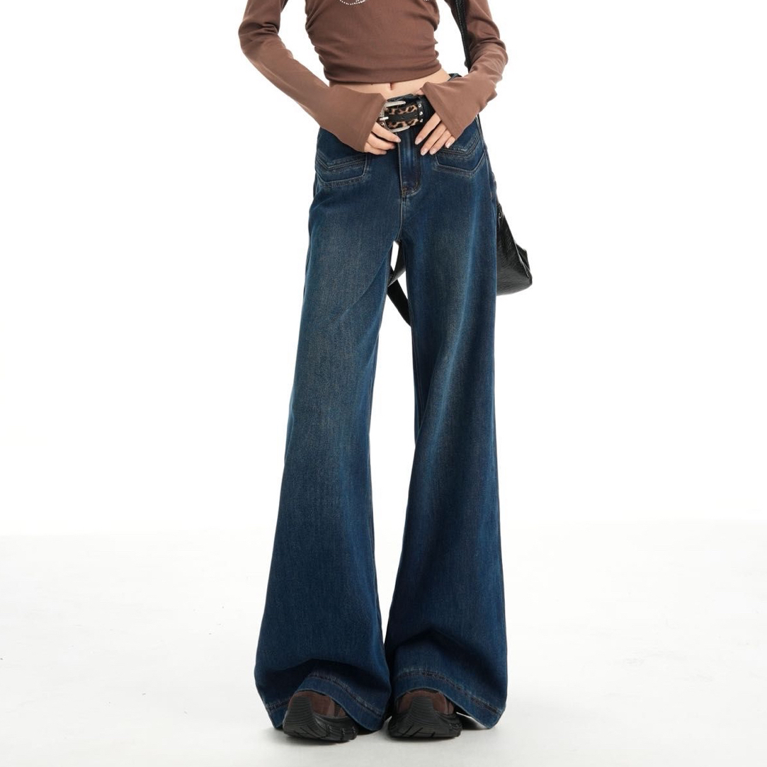 深色高腰加绒喇叭牛仔裤女冬季新款显瘦不贴腿垂感弹力拖地长裤