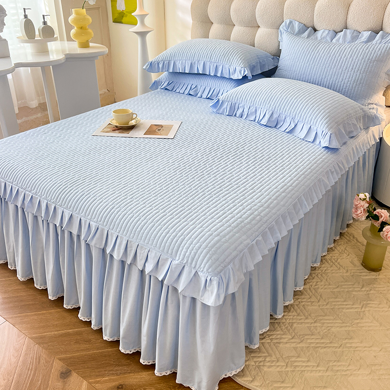 新款全棉纯色夹棉床裙 双层全棉花边公主风单床裙全棉 全棉床裙