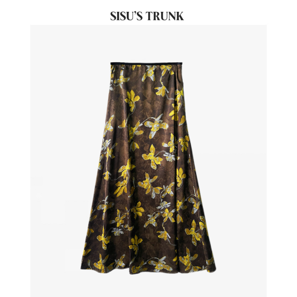 SISU 轻奢清冷感贵系高腰复古气质时尚百搭显瘦印花半身裙