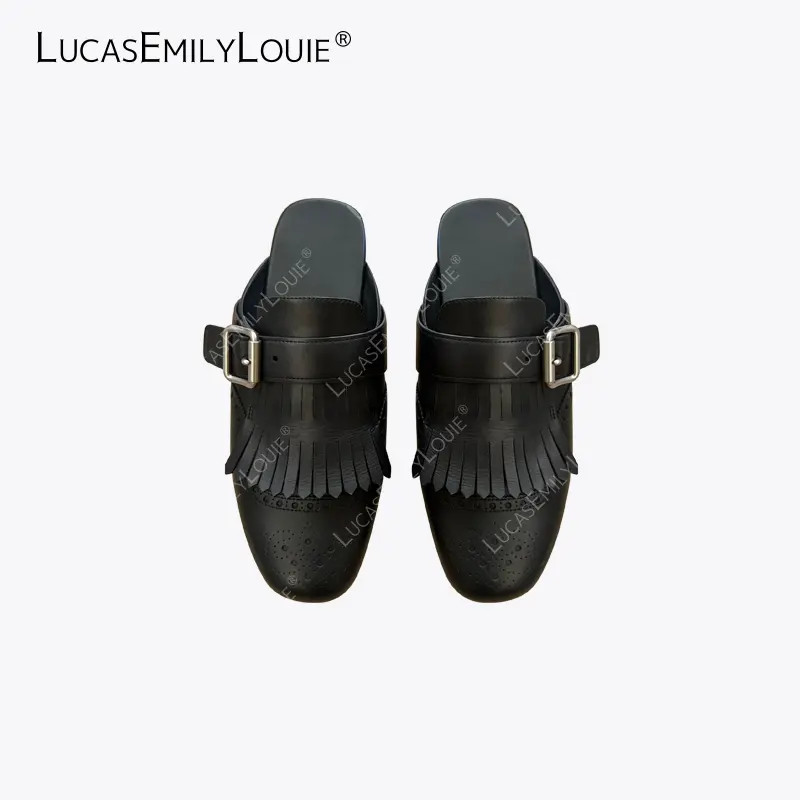 LUCASEMILYLOUIE 流苏包头磨砂胎牛皮平底穆勒拖鞋250028