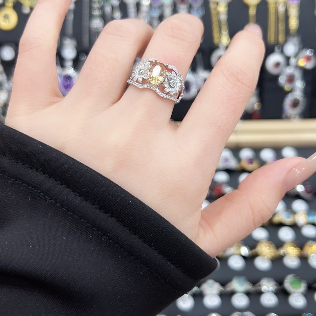 黄晶戒指银S925镶嵌戒指