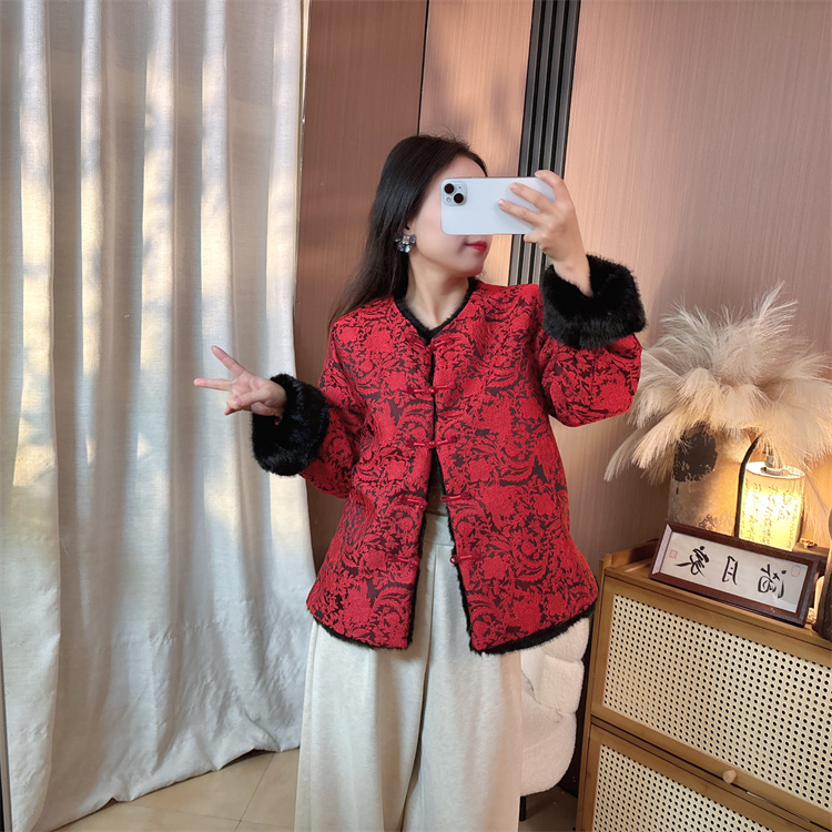 【西施红】现货新年红新中式双穿人丝雕花香云纱加厚保暖外套