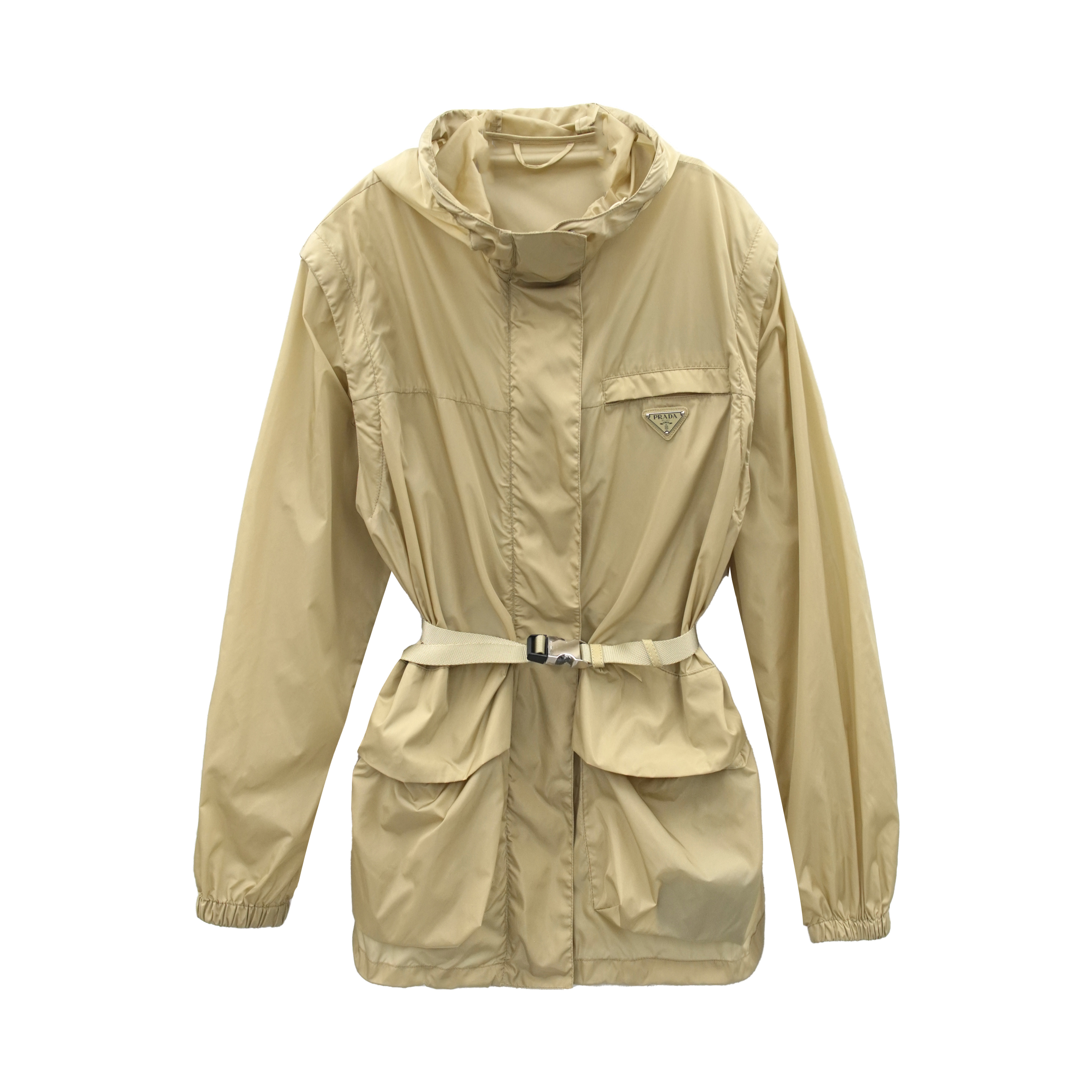 未使用 Prada/普拉达  金属徽标双拉链连帽袖子可拆配腰带外套