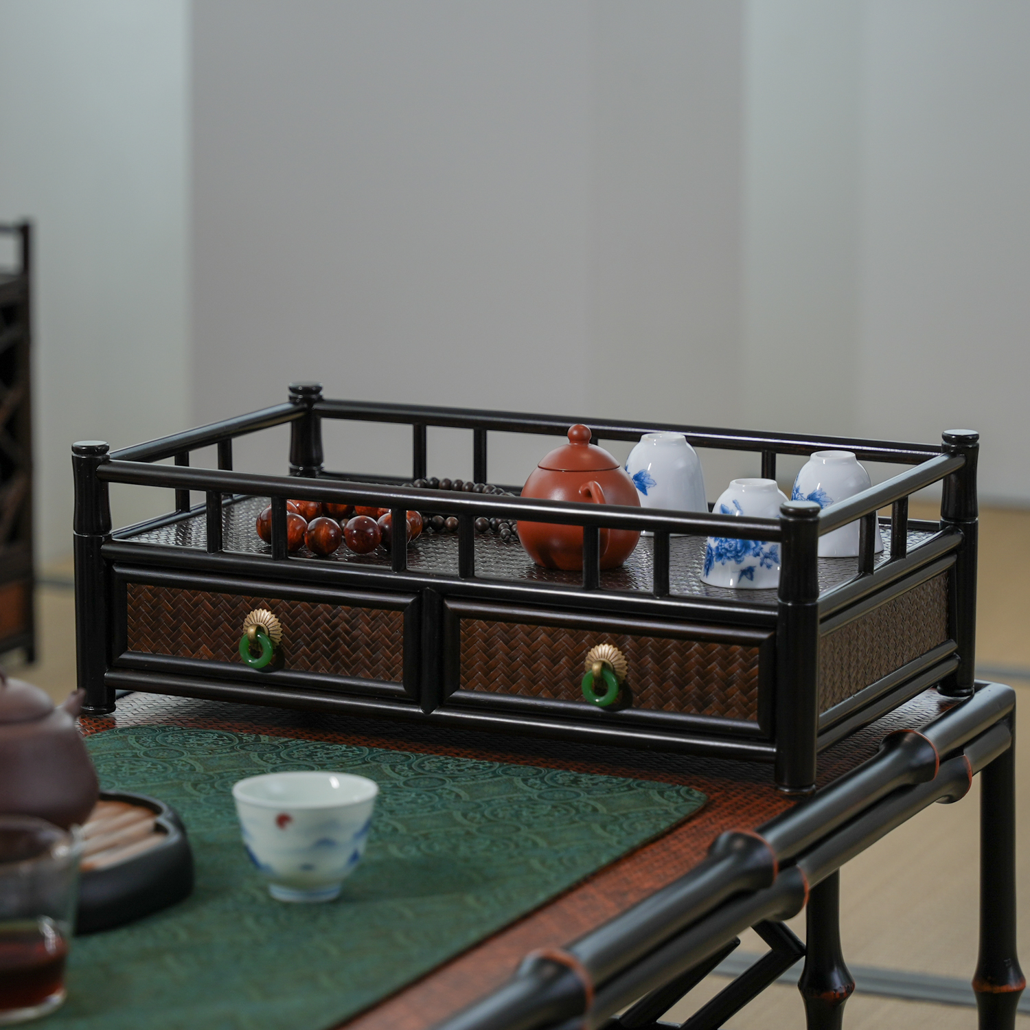 【诚斋】单层黑色竹编茶柜都承盘收纳盘收纳柜喝茶配件家用