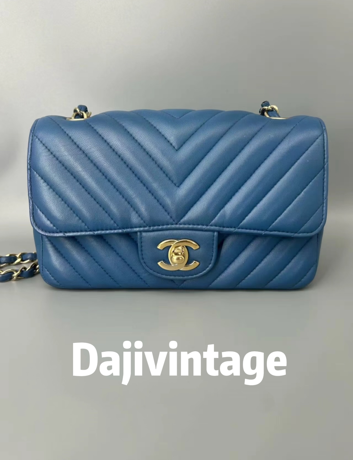 99新 Chanel/香奈儿 大吉中古/sh/蓝金v纹大mini斜挎包