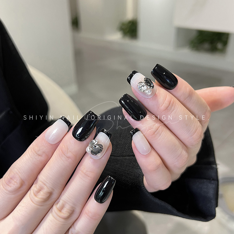 A346 黑钻法式猫眼美甲时音纯手工穿戴甲定制显白指甲可拆卸甲片