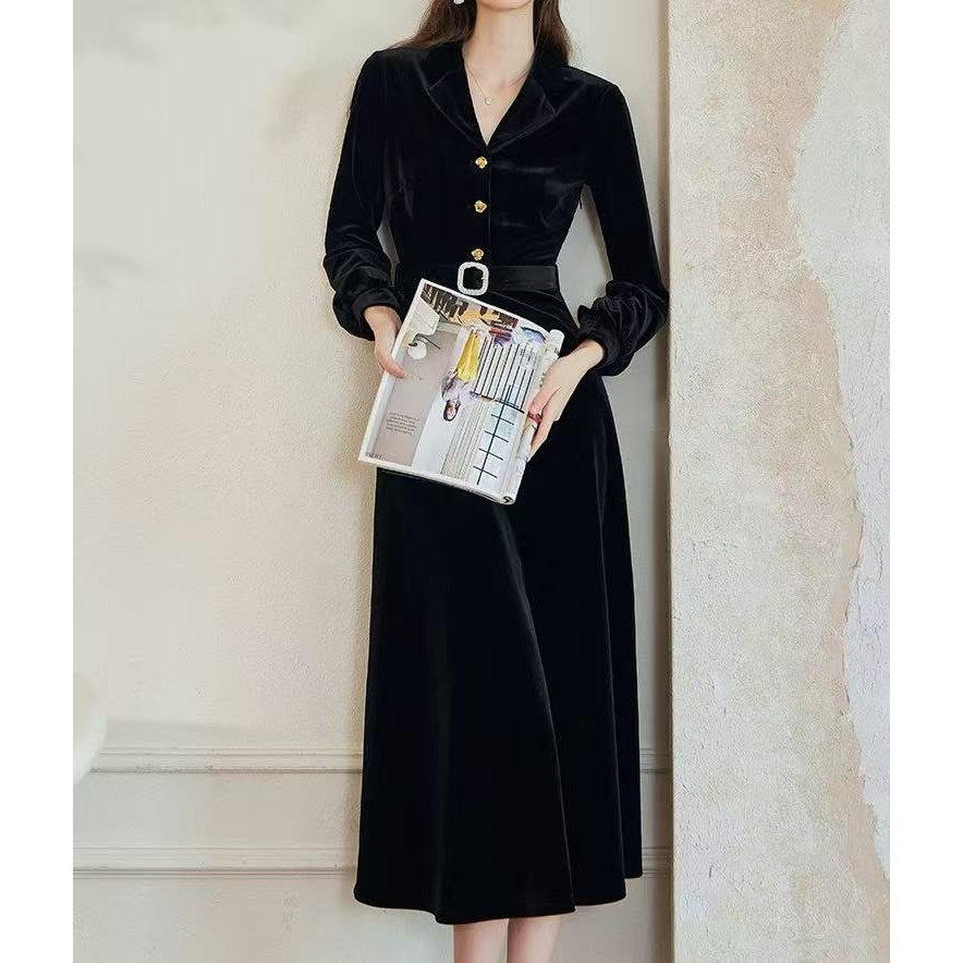 现货【RG1578】新款金丝绒高贵气质收腰显瘦长款2025休闲百搭连衣裙