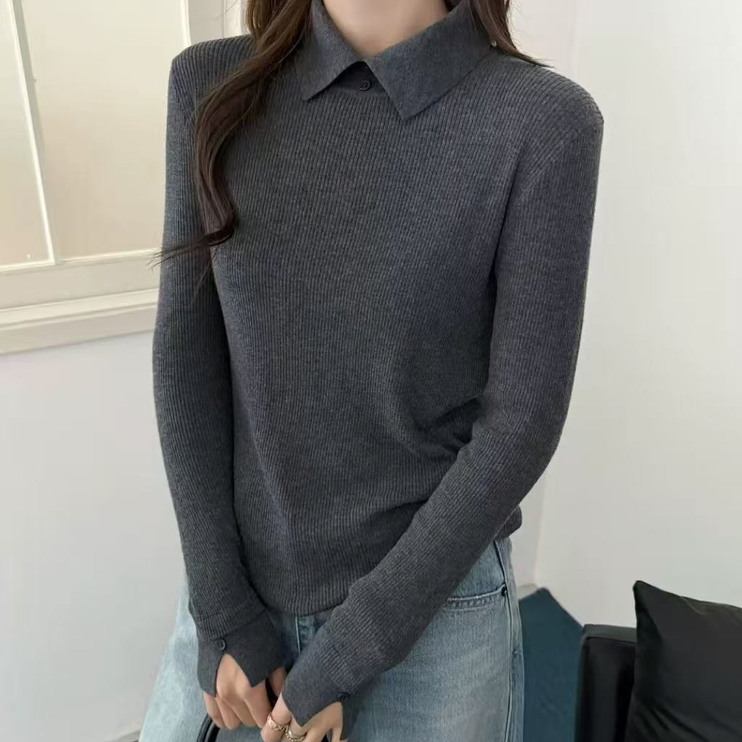 高级极简风灰色翻领针织衫女2025秋冬新款小众纽扣设计高领上衣