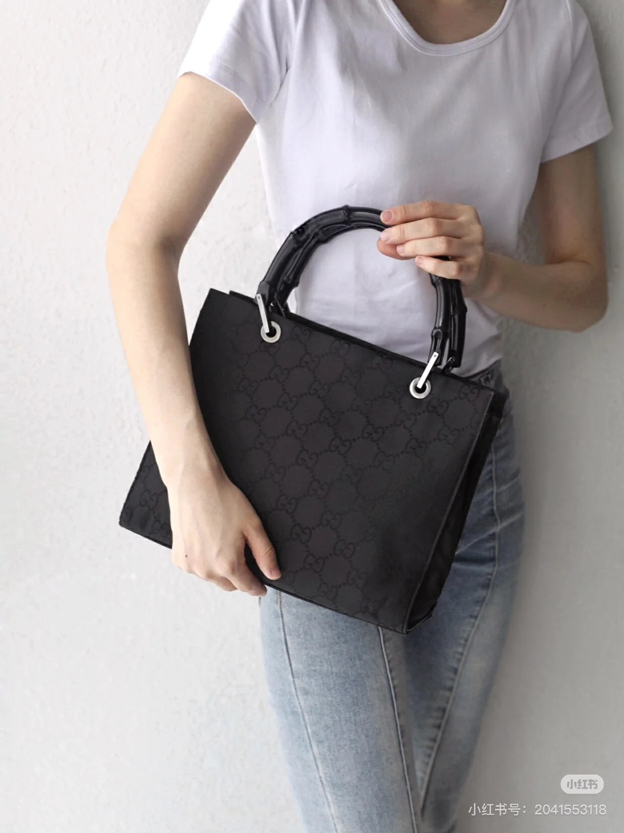 95新 GUCCI/古驰 古驰竹节黑花手提包