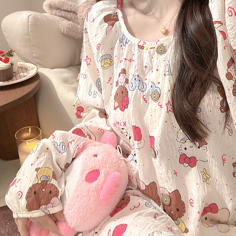 日系圆领黑皮Kitty乐园睡衣女春秋季天长袖长裤少女心家居服套装