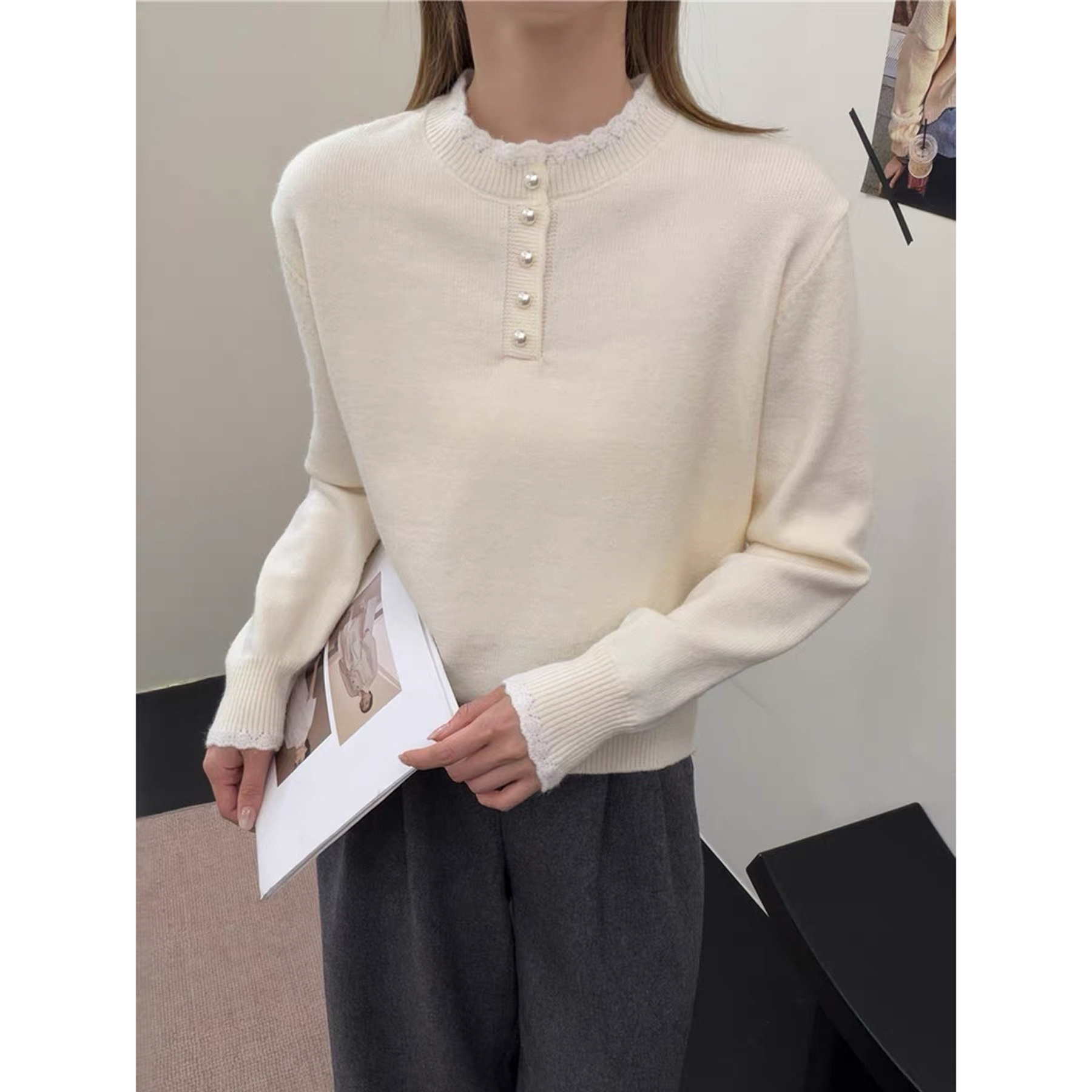  5521 韩系拼色木耳边订珠毛衣