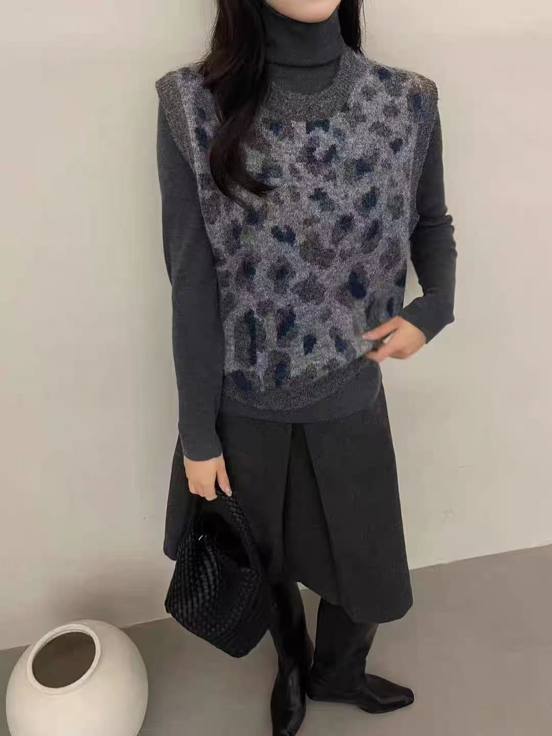 复古豹纹针织圆领马甲863