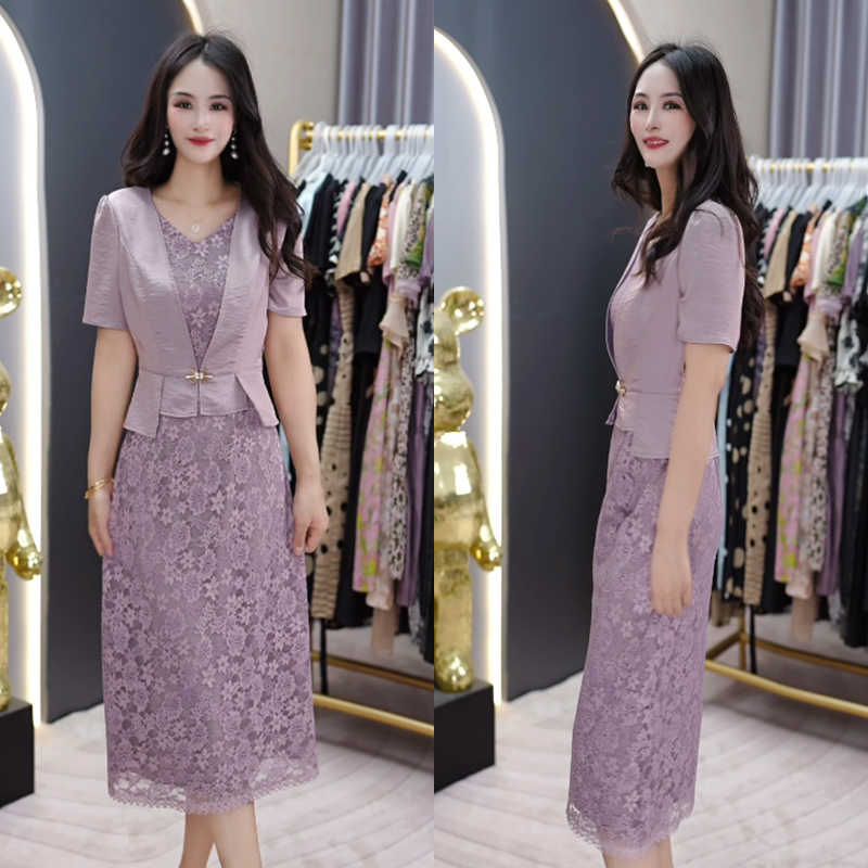 2025夏新款时尚紫色显瘦复古气质洋气收腰修身减龄舒适短袖连衣裙
