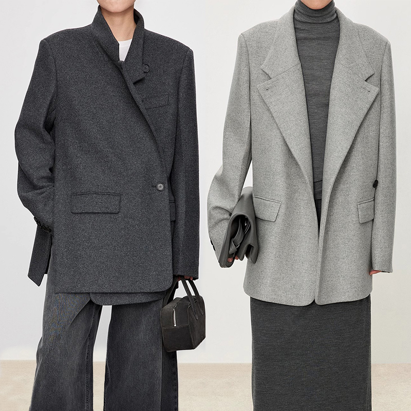 2025秋冬新款TH*W麦呢西装领双排扣侧开叉大衣女时尚百搭外套