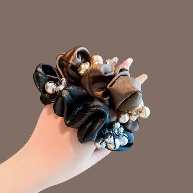 高级感黑色大肠发圈简约气质珍珠盘发肥肠圈无痕耐用头绳发绳