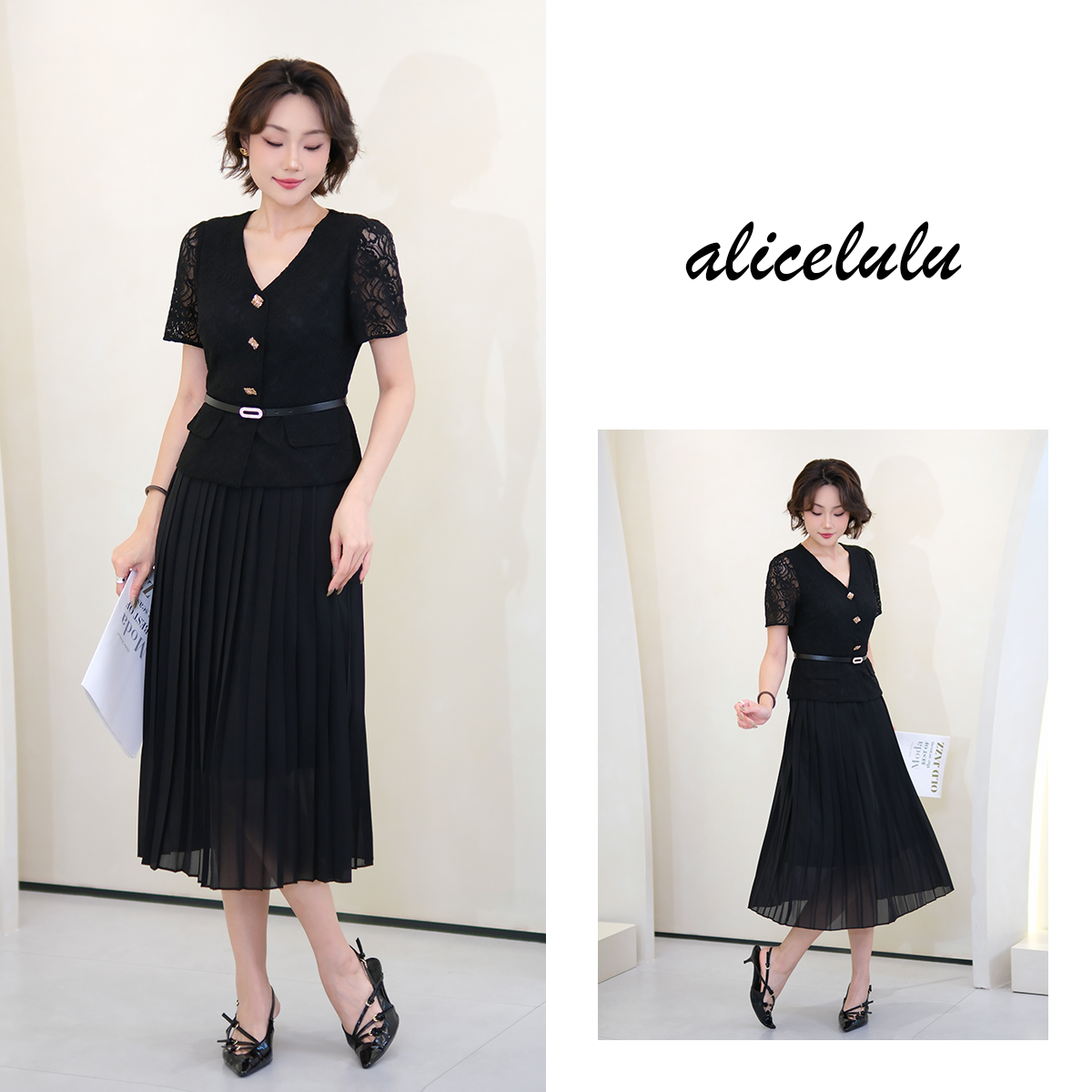 1alicelulu蕾丝拼接小香风假两件套连衣裙时尚气质S2142829A