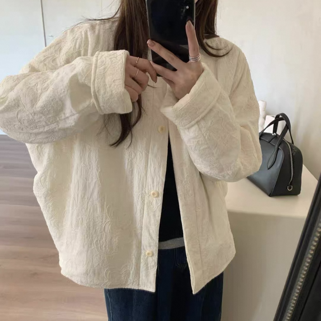 【冬日栀子】薄棉浅浮雕保暖填充100羊毛棉服外套