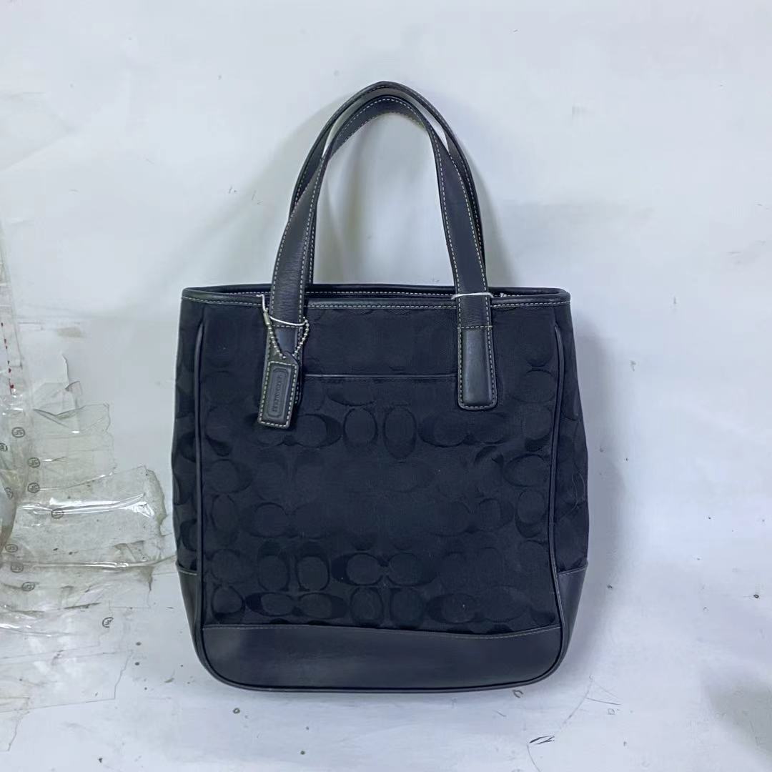 95新 COACH/蔻驰 经典老花帆布拼皮单肩手提包黑色中古MM-81320
