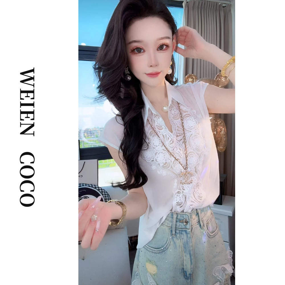 【薇恩COCO】镂空无袖修身印花舒适气质袖衬衣春夏新款上衣S4466