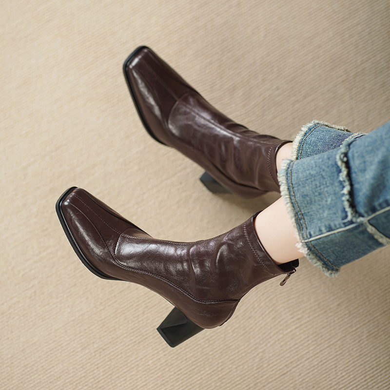 羊皮  7厘米 34-40 百搭真皮粗跟高跟方头秋冬瘦瘦靴英伦显瘦靴子