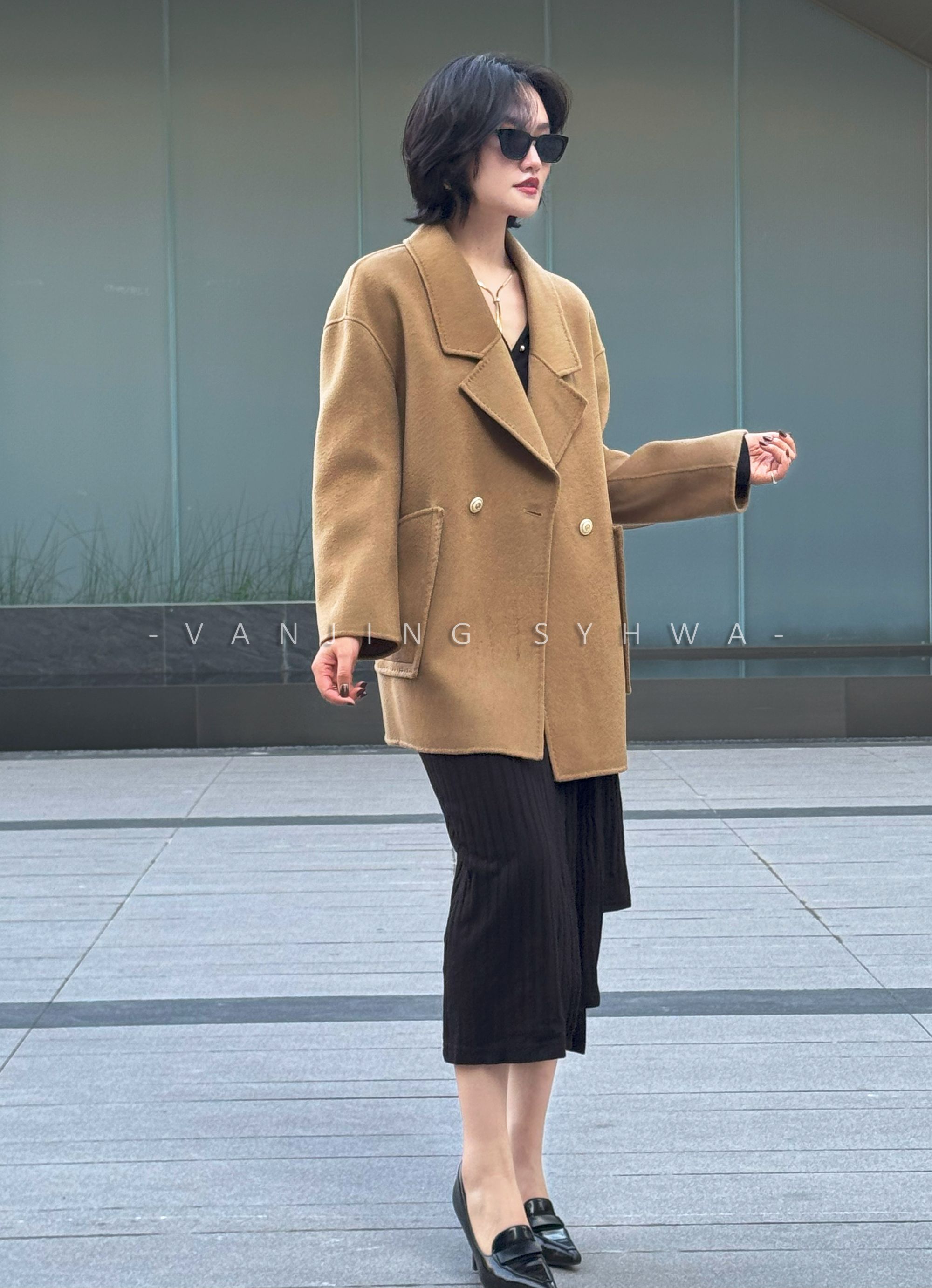 VanJing Syhwa 【100%绵羊毛】秋季女士宽领双面呢短款抓绒大衣外套