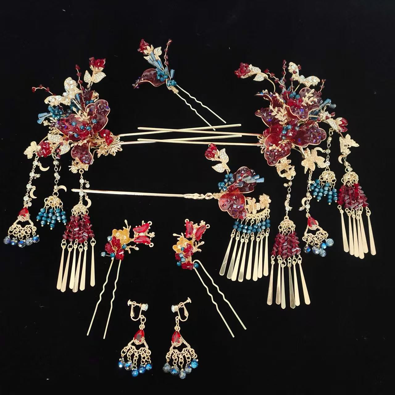 红蓝撞色高保色新中式步摇发饰0886