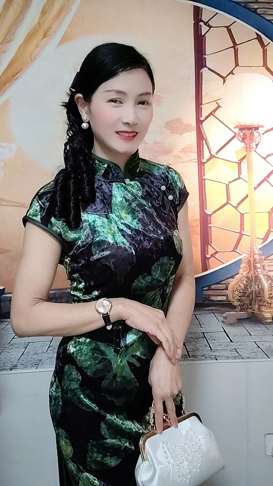 日常中国风斜襟旗袍短款复古修身显瘦双层中长款夏季时尚绿色