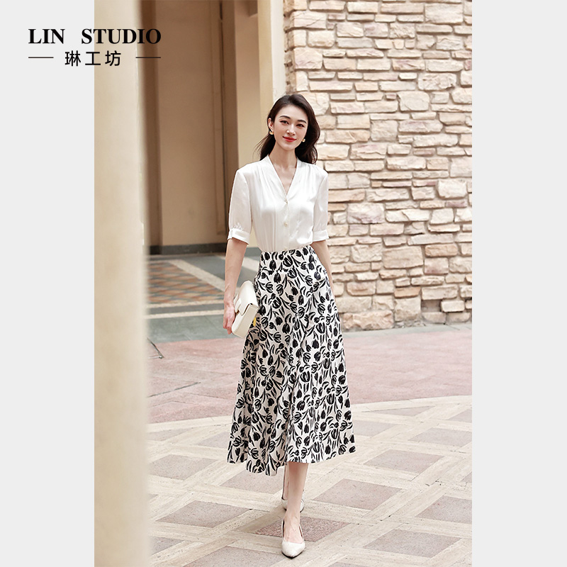 【100%棉】琳工坊“陌翠”黑白印花半裙优雅气质浪漫显瘦唐琳设计师