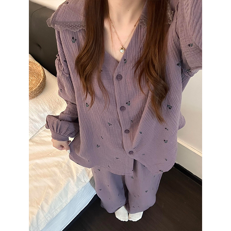 韩系甜美碎花双层棉纱睡衣女款秋季休闲长袖长裤可外穿家居服套装