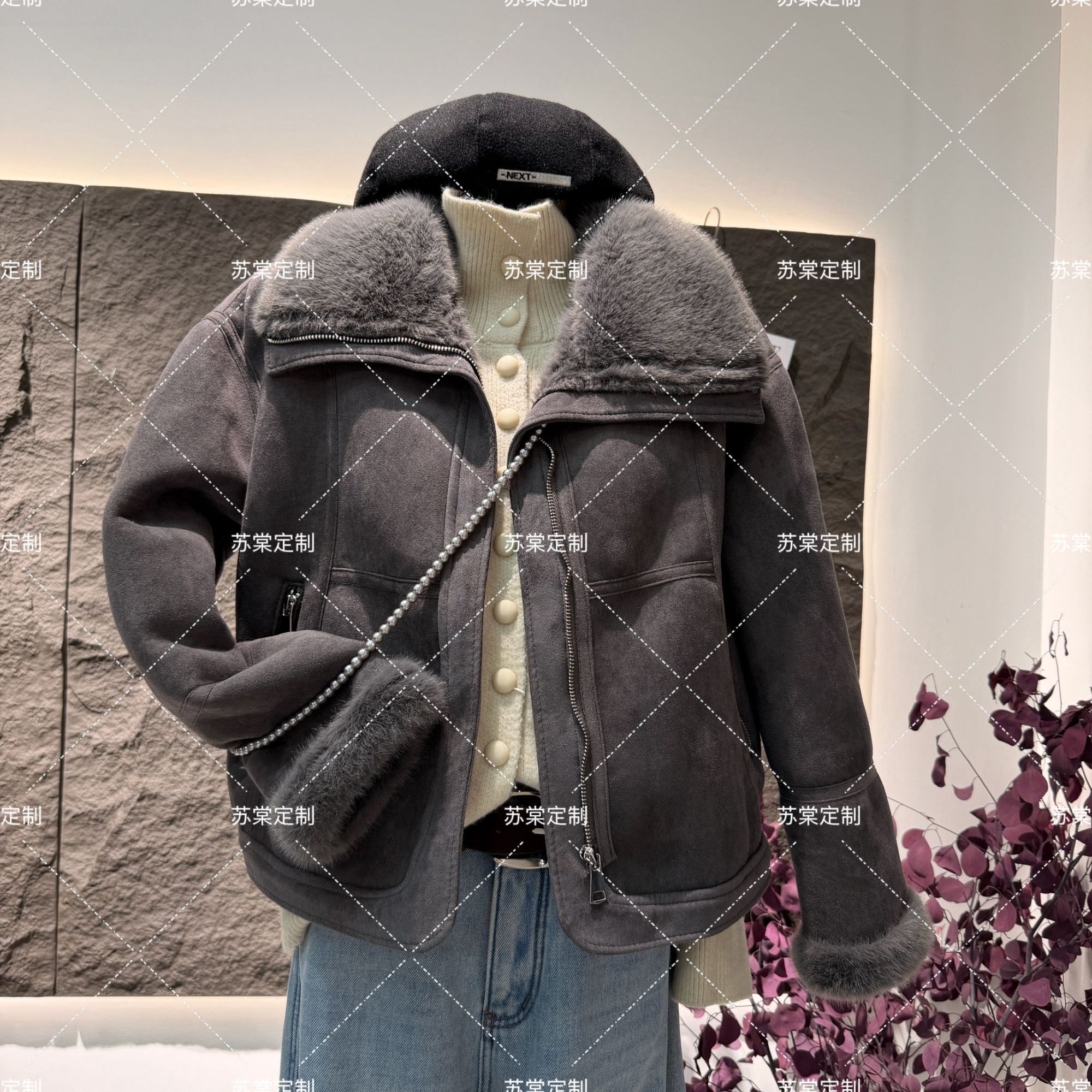 苏棠专属-港风洋气翻领拼接外套减龄时尚加厚毛毛衣潮流冬季短款