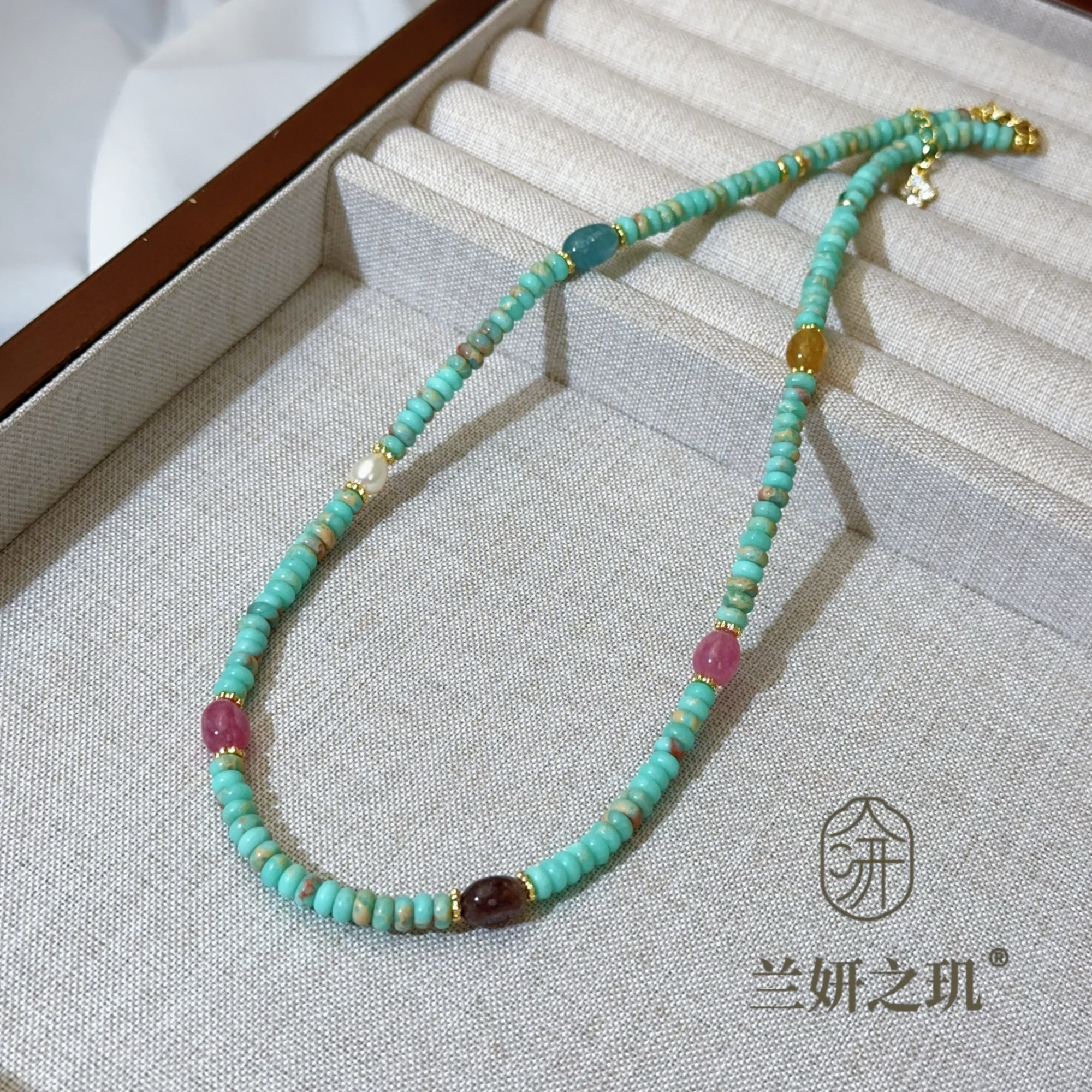 淡水珍珠 绿色松石天然石珍珠项链 带延长链 时尚简约串珠链 8896
