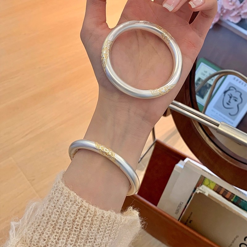 足银手镯 999.9纯银手镯女金花叶闭口描金足银镯子国风银饰送女友