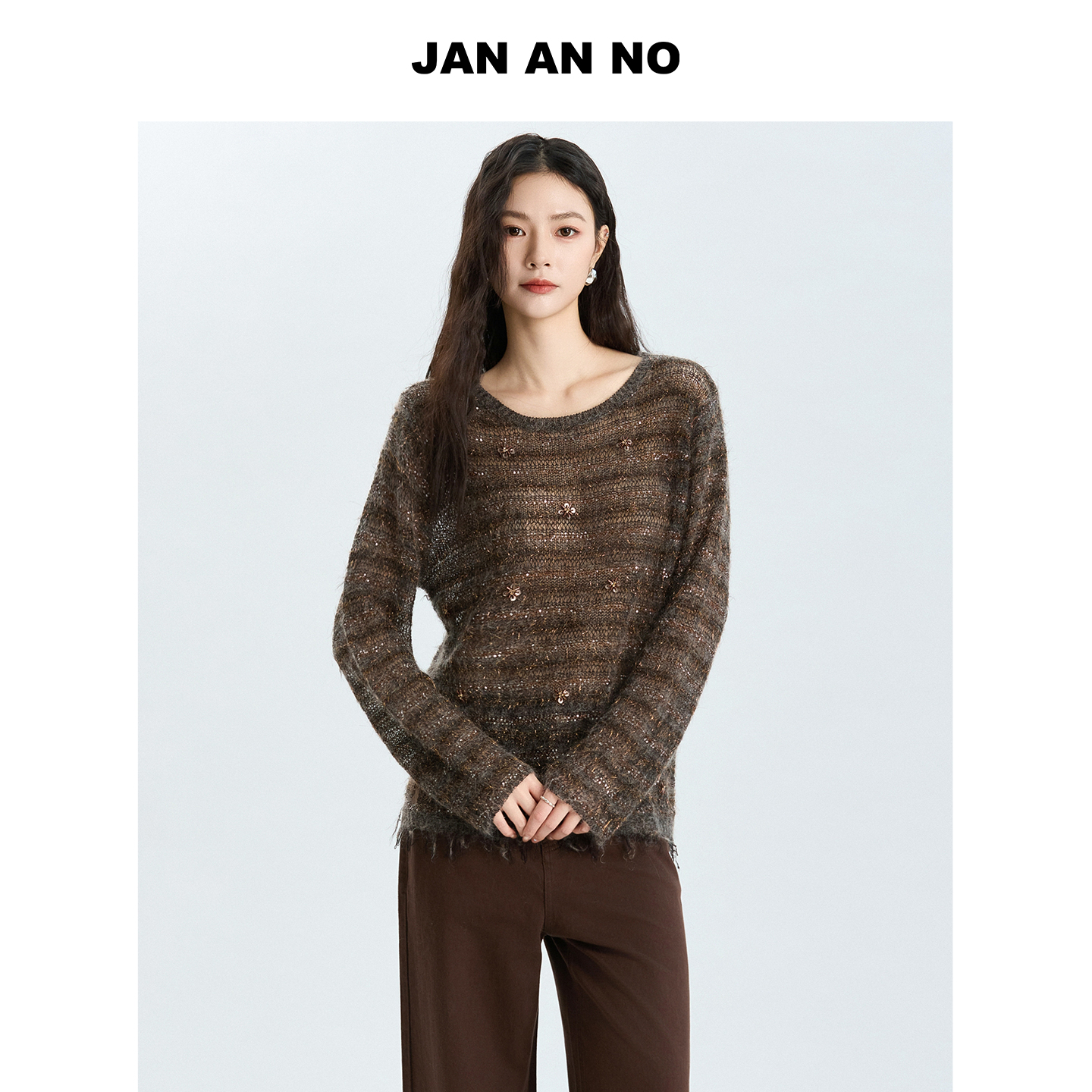 【达人专享】JAN AN NO 宽松软糯条纹针织衫女秋冬闪闪衫J2577009ZS