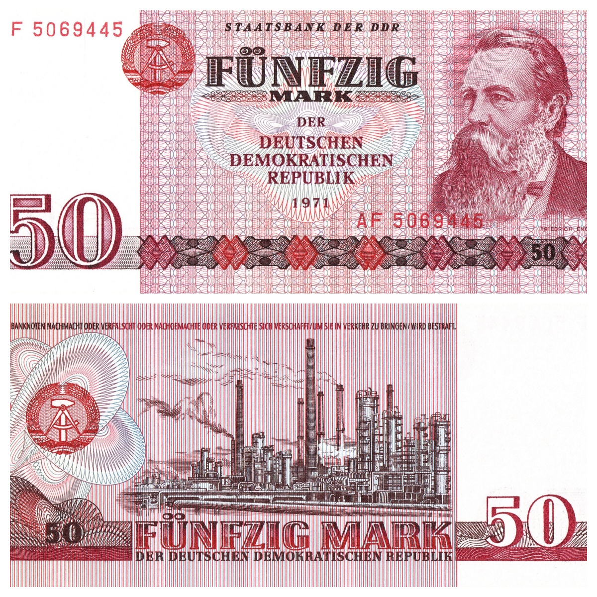 民主德国 东德50马克纸币 1971年 恩格斯  欧洲外国钱币 全新UNC