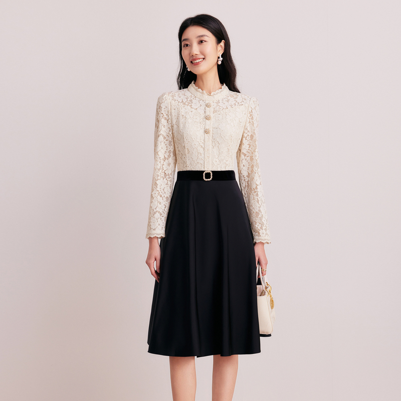 Koradior珂莱蒂尔秋新款重工蕾丝拼接气质优雅假两件连衣裙女